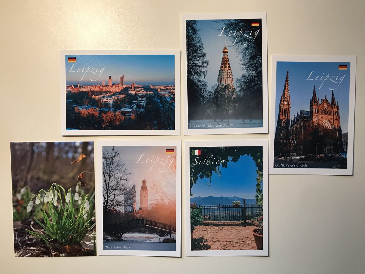 Ansichtspostkarten Leipzig und Italien, Postkarte Schneeglöckchen